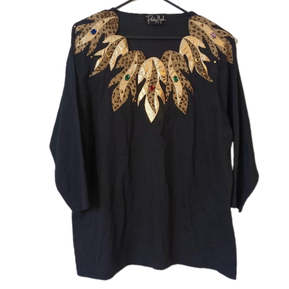 Vintage Tops - Vintage 80s Philip Noel‎ Shirt Womens 2X Gold Leopard Embellished Bling Granny